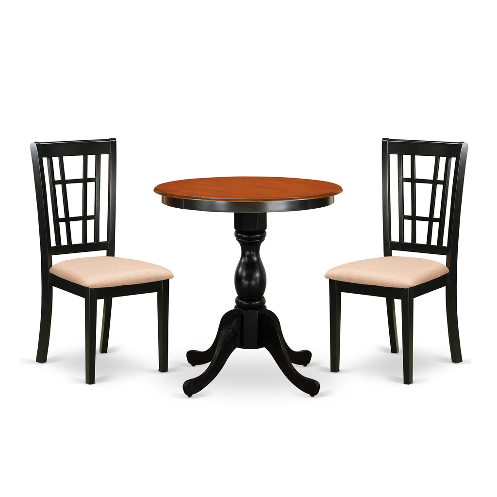 ESNI3-ON4-6 Elegant 3-Piece Round Dining Set with Pedestal and Linen Upholstered Chairs, Black & Cherry, 30x30