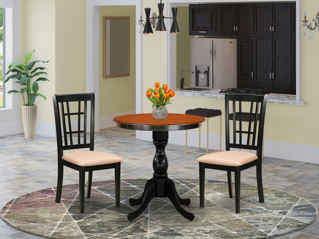 ESNI3-ON4-6 Elegant 3-Piece Round Dining Set with Pedestal and Linen Upholstered Chairs, Black & Cherry, 30x30