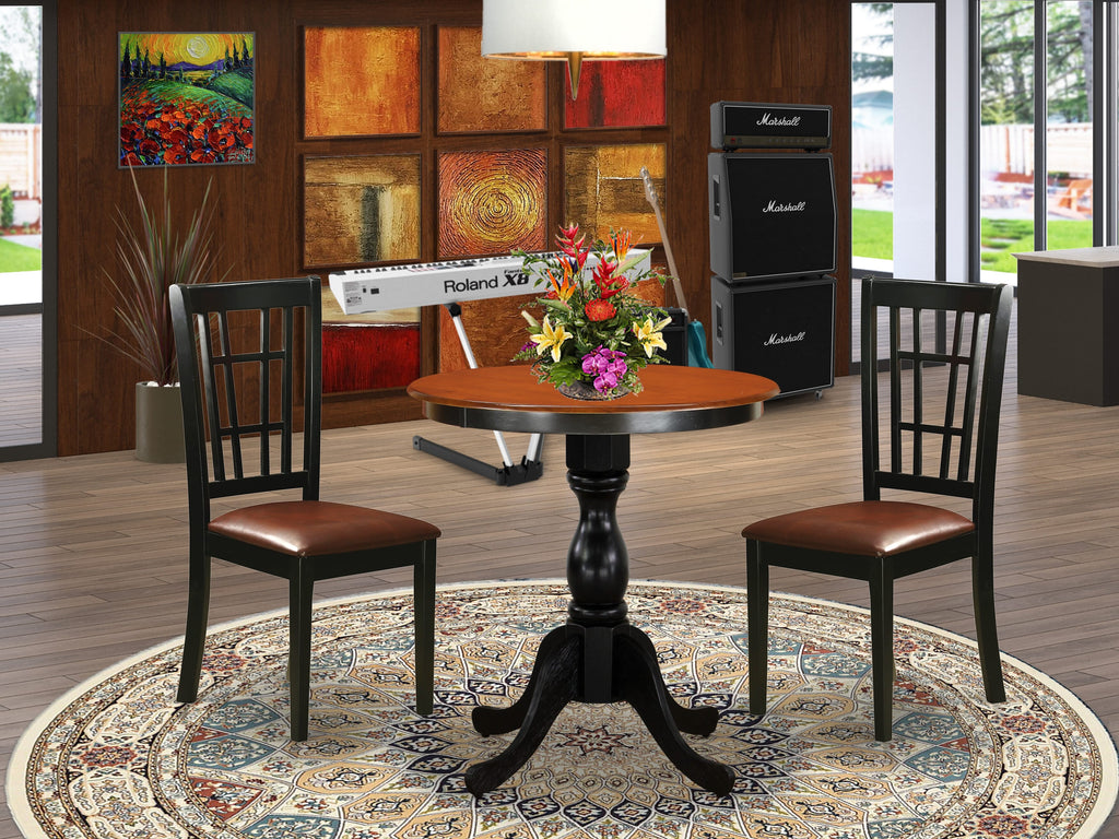 Esni3-DZX-6T Compact 3-Piece Dining Set with Round Pedestal Table and Upholstered Chairs for Cozy Kitchens, 30 Black & Cherry