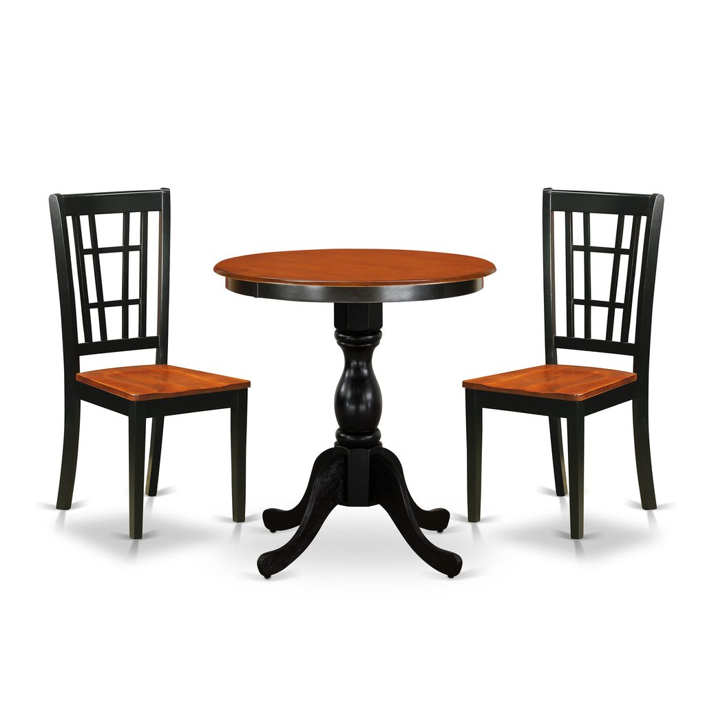 ESNI3-0Q0-8 3-Piece Compact Dining Set with Pedestal Table and Wood Seats in Chic Black & Cherry