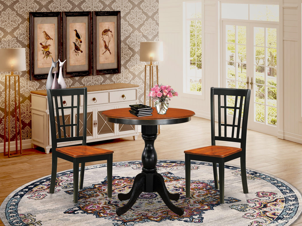 ESNI3-0Q0-8 3-Piece Compact Dining Set with Pedestal Table and Wood Seats in Chic Black & Cherry