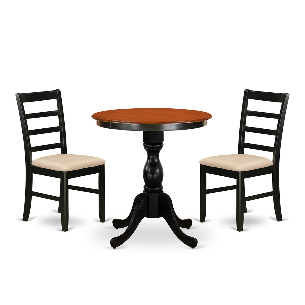ESPF3-L0F-4 3-Piece Dinette Ensemble with Round Table and Two Upholstered Chairs, Black and Cherry Finish