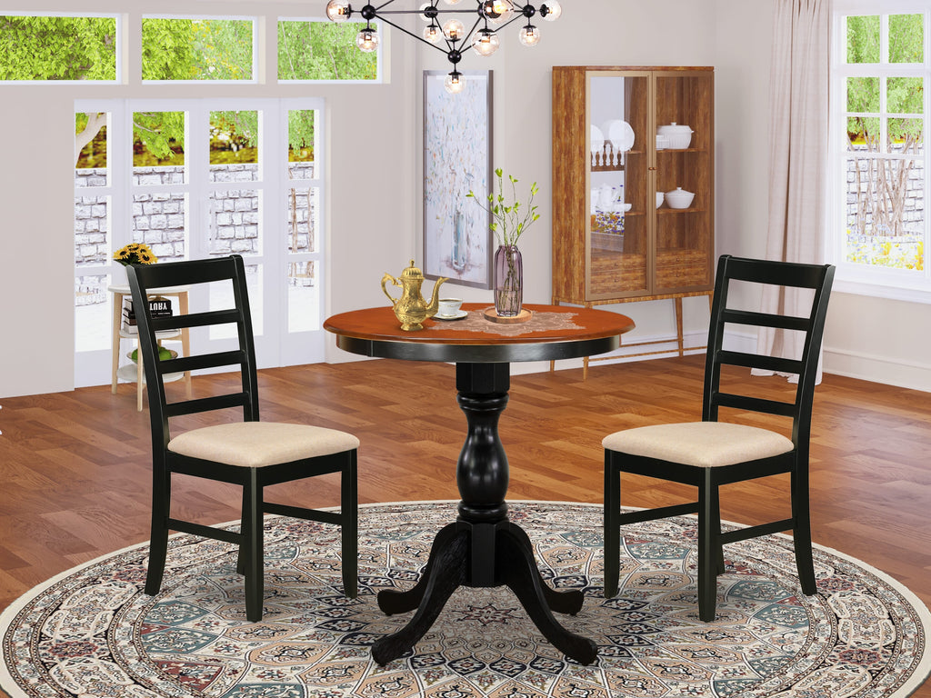 ESPF3-L0F-4 3-Piece Dinette Ensemble with Round Table and Two Upholstered Chairs, Black and Cherry Finish