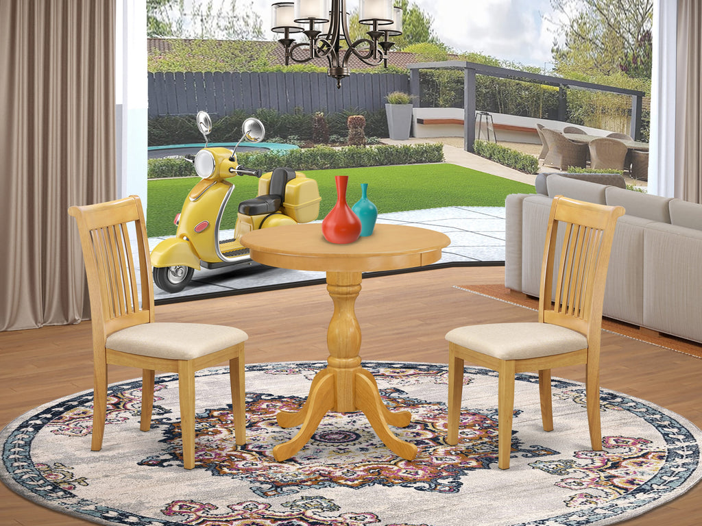 ESPO3-L6P-8 3-Piece Dining Set Round Pedestal Table & 2 Fabric Chairs in Oak, 30x30 Inch