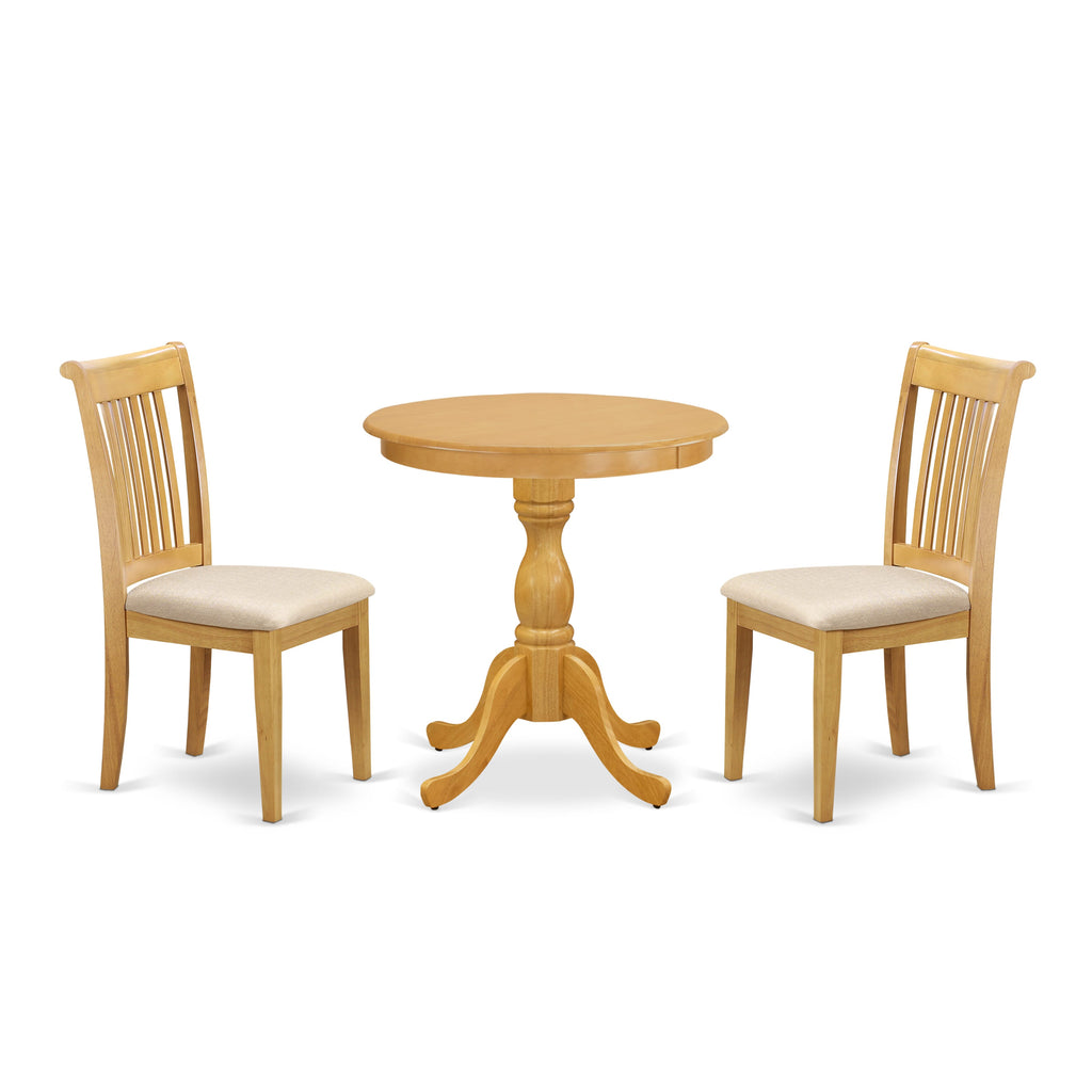 ESPO3-L6P-8 3-Piece Dining Set Round Pedestal Table & 2 Fabric Chairs in Oak, 30x30 Inch
