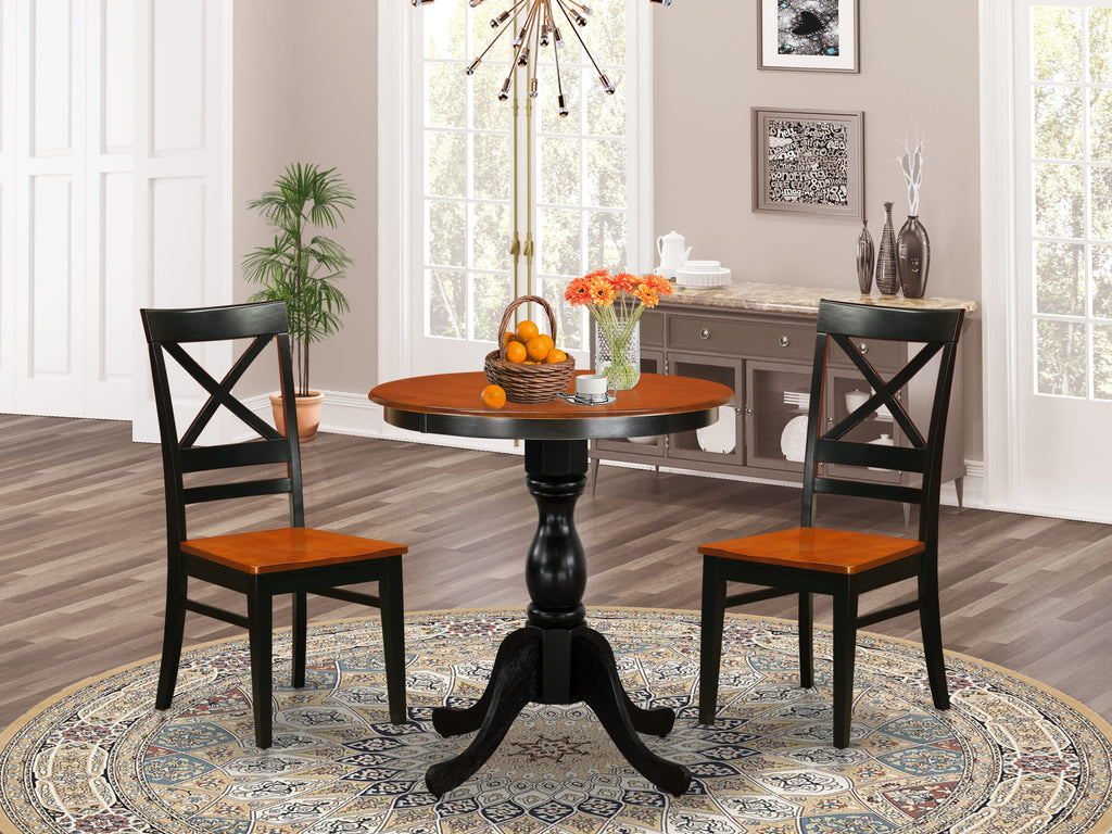 ESQU3-7FK-C 3-Piece Dining Set Round Table with Pedestal & 2 Wooden Chairs for Cozy Spaces in Black & Cherry