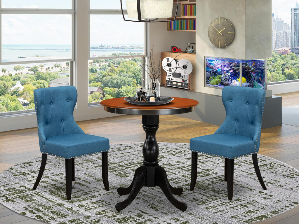 ESSI3-13I-Y3 3-Piece Set for Cozy Nooks with Circular Table & Two Elegant Blue Parson Chairs, Black & Cherry