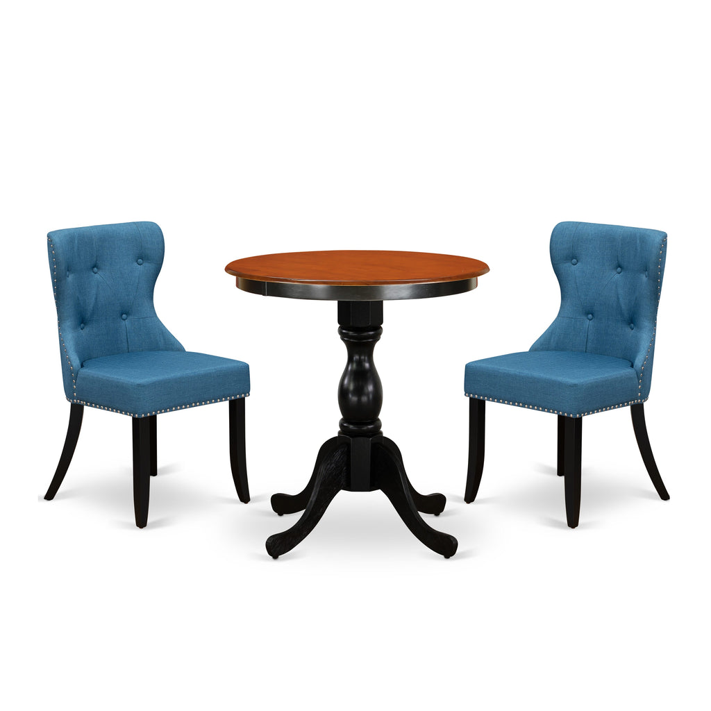 ESSI3-13I-Y3 3-Piece Set for Cozy Nooks with Circular Table & Two Elegant Blue Parson Chairs, Black & Cherry