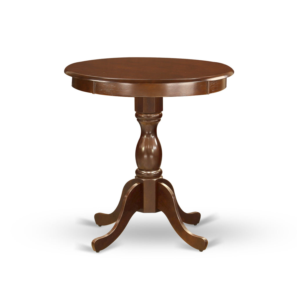 EST-MIQ-OE - contemporary pedestal base dining table, 30x30 mahogany round top, perfect for kitchens and dining spaces