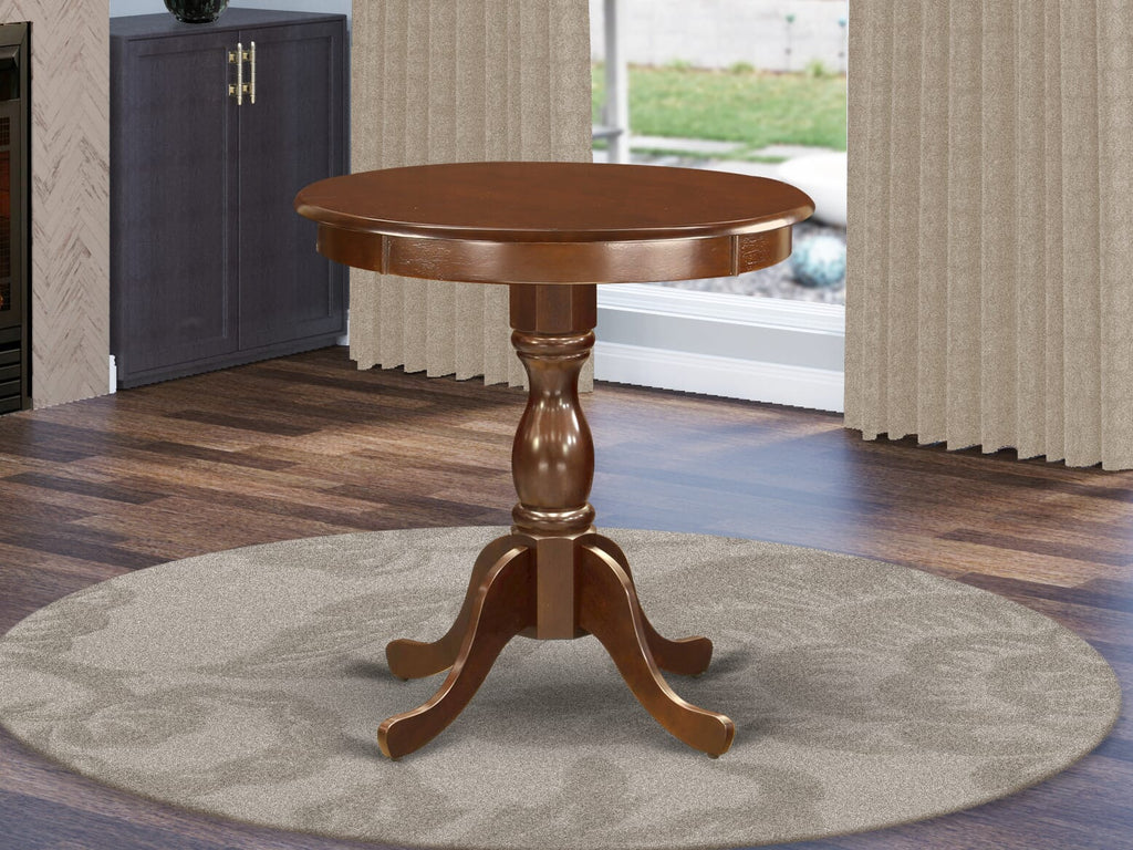 EST-MIQ-OE - contemporary pedestal base dining table, 30x30 mahogany round top, perfect for kitchens and dining spaces