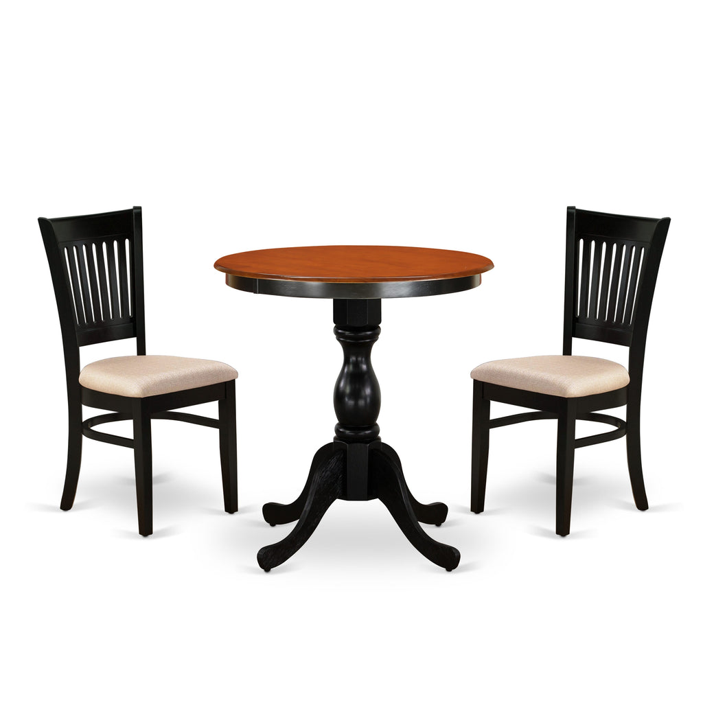 ESVA3-LPE-1 3 Piece Dining Ensemble with Pedestal Table and Linen Chairs for Cozy Spaces, 30x30 Inch in Black & Cherry