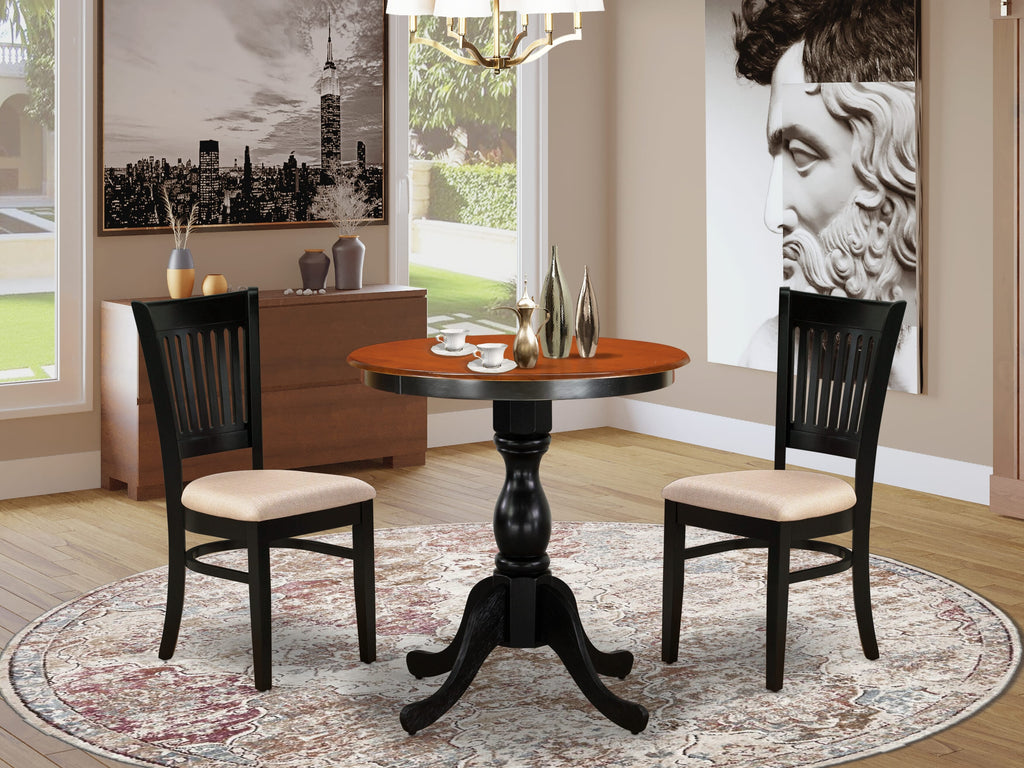 ESVA3-LPE-1 3 Piece Dining Ensemble with Pedestal Table and Linen Chairs for Cozy Spaces, 30x30 Inch in Black & Cherry