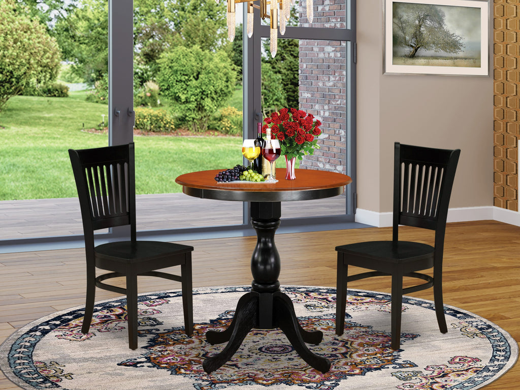 ESVA3-WUM-A 3 Piece Round Dining Set with Pedestal Table and Chairs for Cozy Areas, in Black and Cherry