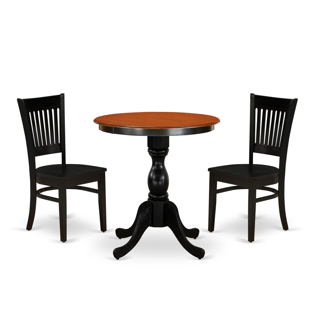 ESVA3-WUM-A 3 Piece Round Dining Set with Pedestal Table and Chairs for Cozy Areas, in Black and Cherry