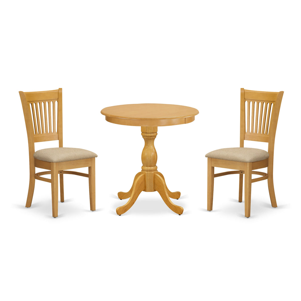 ESVA3-3UT-8 Cozy 3-Piece Set Circular Dining Table and 2 Cushioned Chairs for Compact Areas, Oak Finish