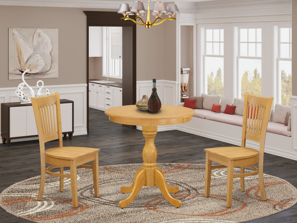 ESVA3-9IA-9 Trio Dining Ensemble Round Centerpiece Table with Pedestal and Pair of Stylish Kitchen Chairs, 30x30 Oak Finish