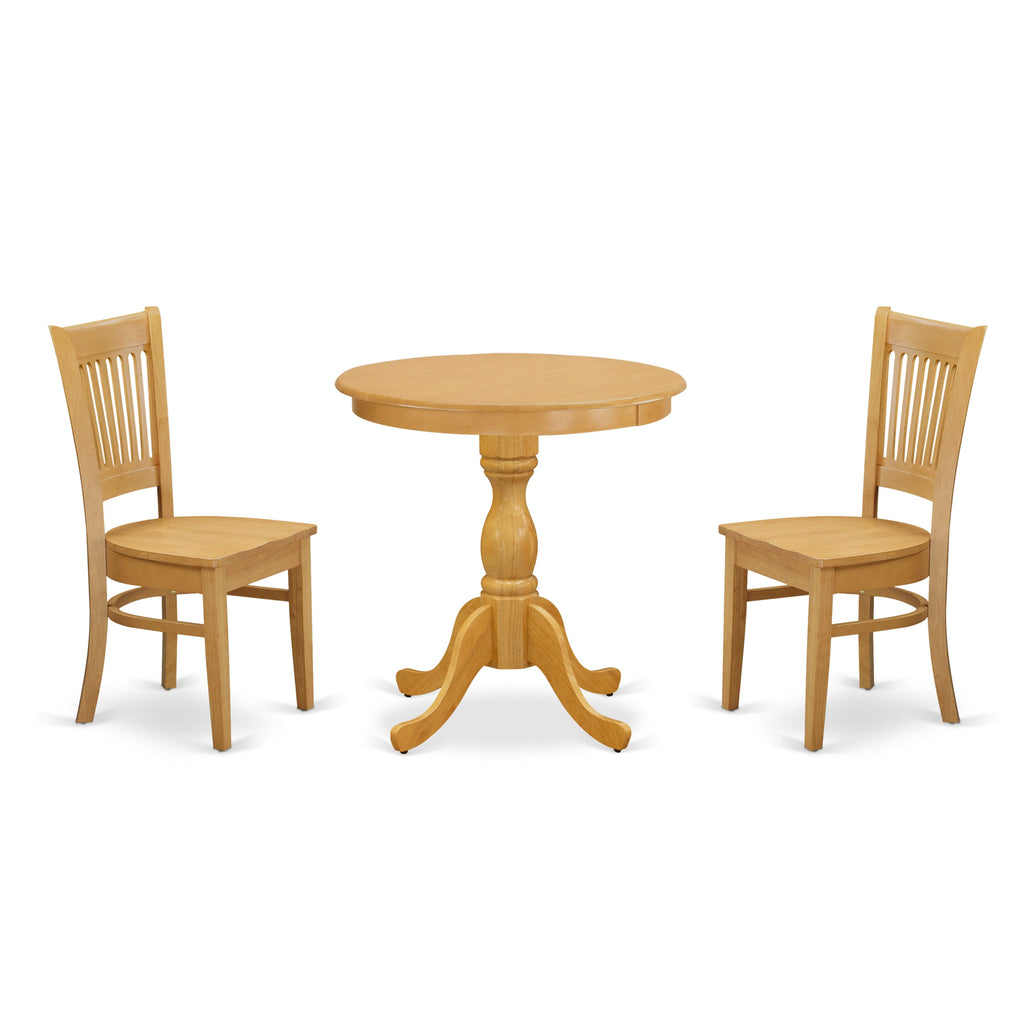 ESVA3-9IA-9 Trio Dining Ensemble Round Centerpiece Table with Pedestal and Pair of Stylish Kitchen Chairs, 30x30 Oak Finish