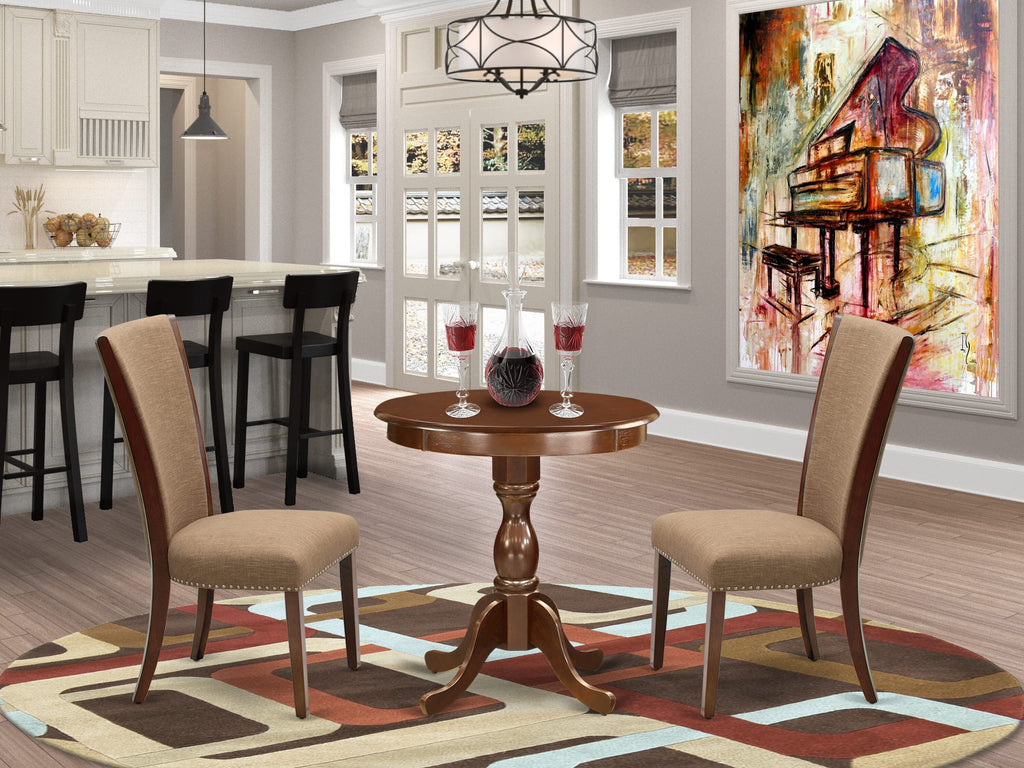 ESVE3-DGI-JK 3-Piece Dining Ensemble with Round Table and 2 Linen Upholstered Chairs, Mahogany, 30x30