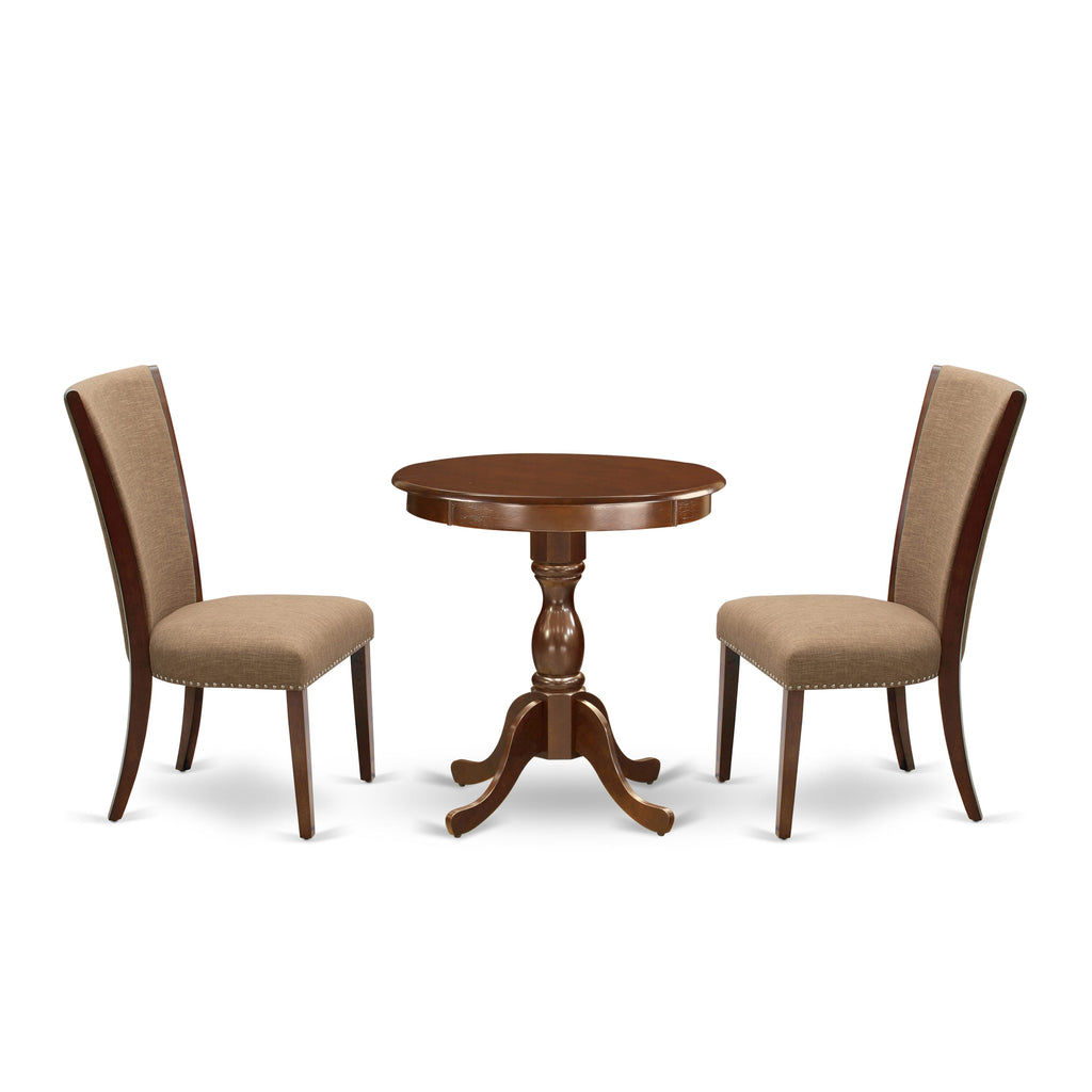 ESVE3-DGI-JK 3-Piece Dining Ensemble with Round Table and 2 Linen Upholstered Chairs, Mahogany, 30x30