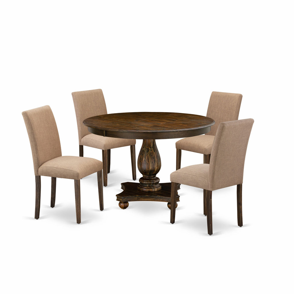 F2AB5-ZSD 5 Piece Dining Ensemble with Round Base Table & 4 Linen Chairs, 48-inch Vintage Design in Distressed Jacobean