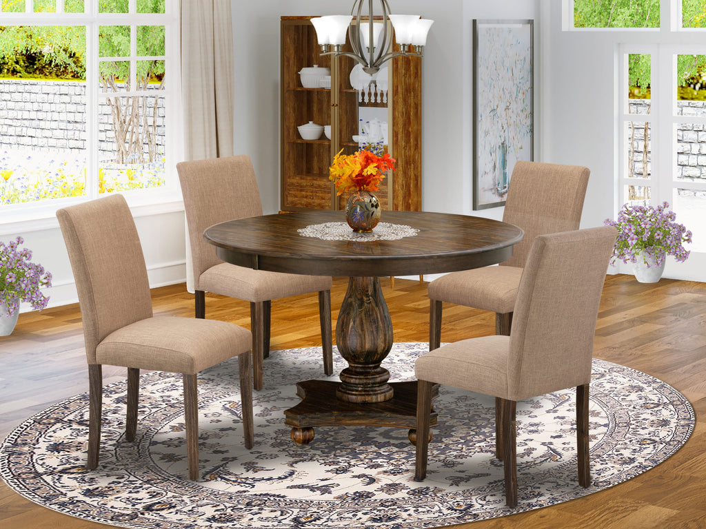 F2AB5-ZSD 5 Piece Dining Ensemble with Round Base Table & 4 Linen Chairs, 48-inch Vintage Design in Distressed Jacobean