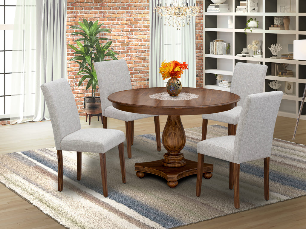 F2AB5-G22 5-Piece Dining Ensemble with Round Pedestal Table & Velvet Parsons Chairs in Antique Nutmeg Finish