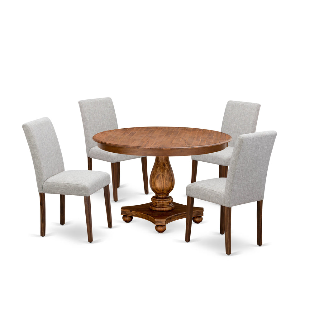 F2AB5-G22 5-Piece Dining Ensemble with Round Pedestal Table & Velvet Parsons Chairs in Antique Nutmeg Finish