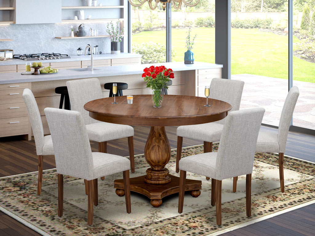 Chic Dining Ensemble F2AB7-HBM Round Pedestal Table & 6 Upholstered Chairs Set in Antique Finish