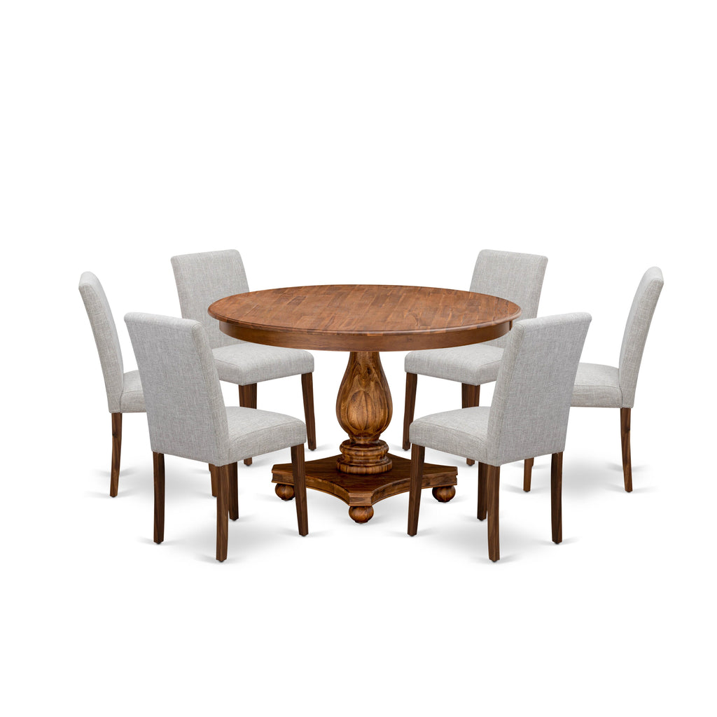 Chic Dining Ensemble F2AB7-HBM Round Pedestal Table & 6 Upholstered Chairs Set in Antique Finish