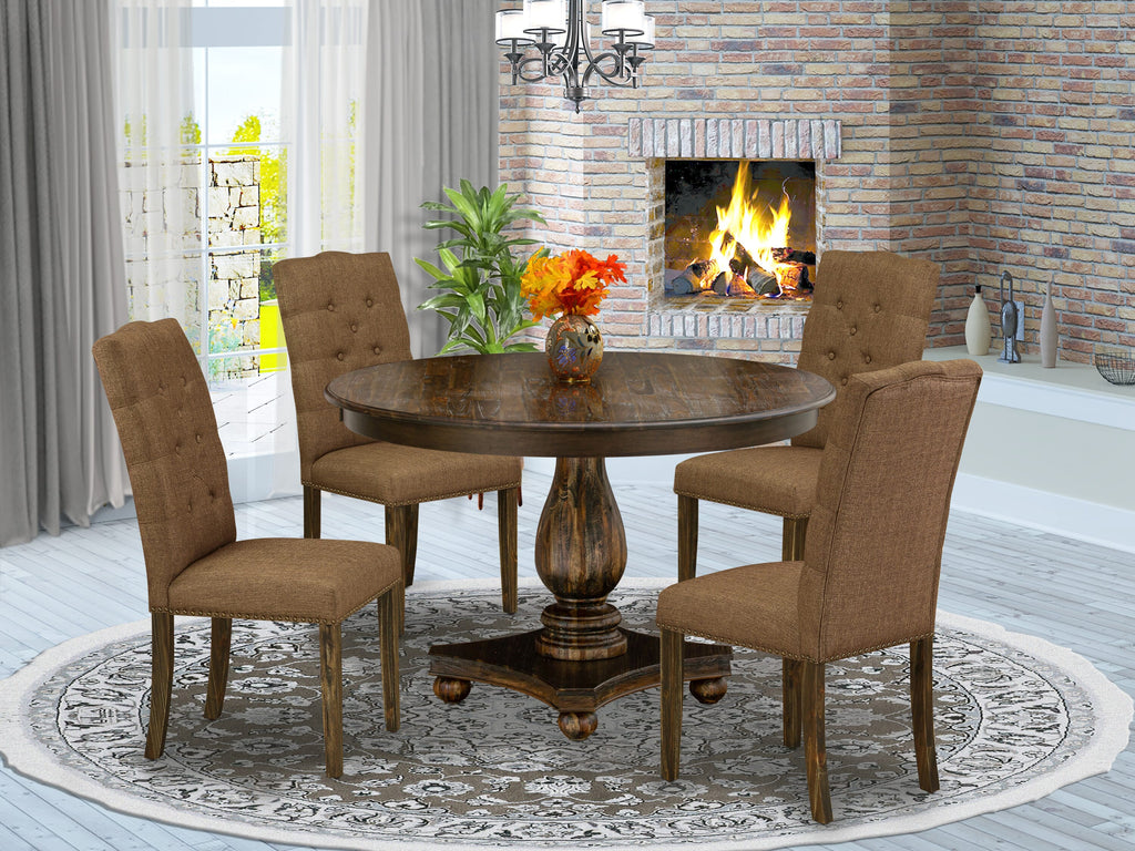 F2EL5-TGW Quintet Dining Ensemble Circular Table with Pedestal & 4 Brown Linen Parsons Chairs in Antiqued Jacobean, 48