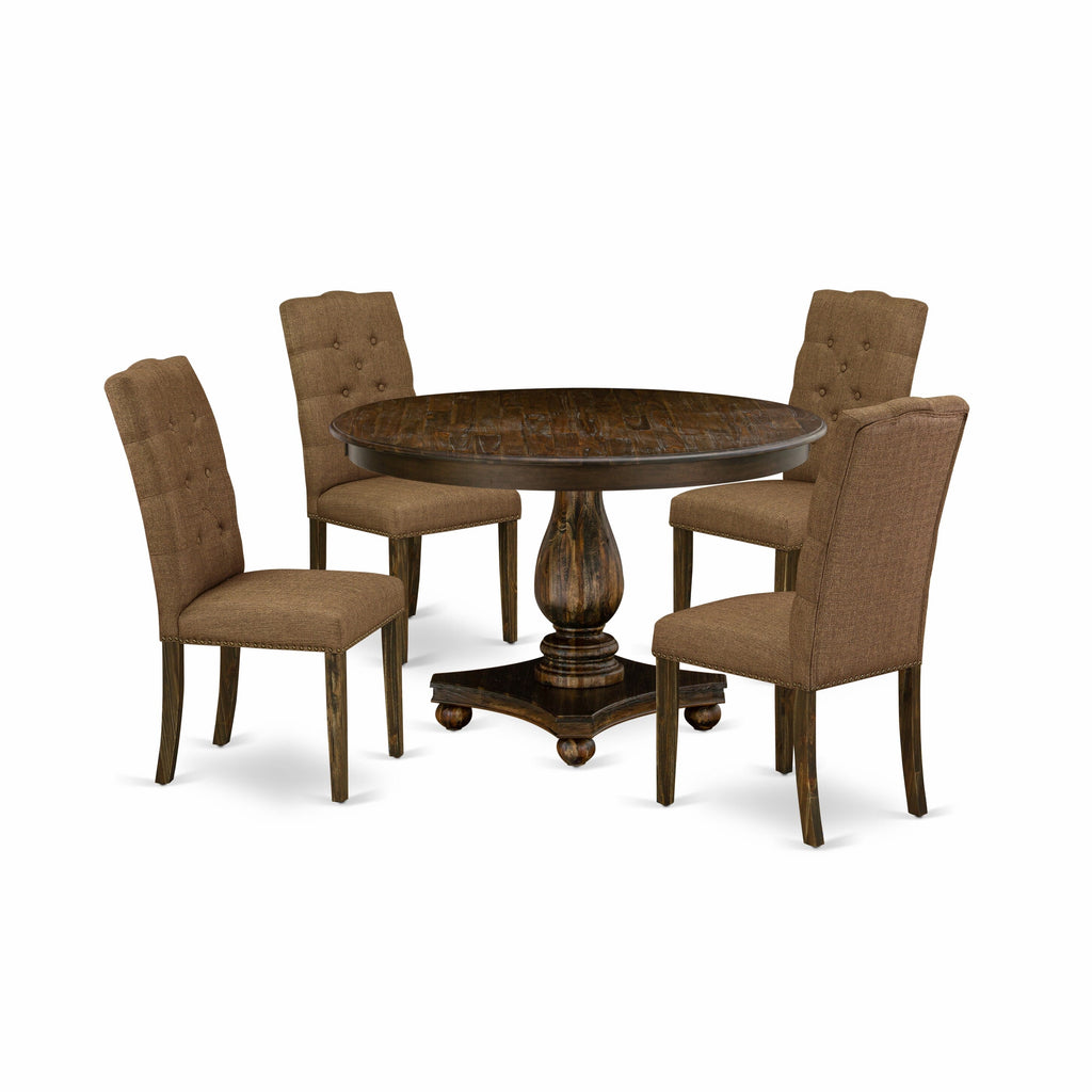 F2EL5-TGW Quintet Dining Ensemble Circular Table with Pedestal & 4 Brown Linen Parsons Chairs in Antiqued Jacobean, 48