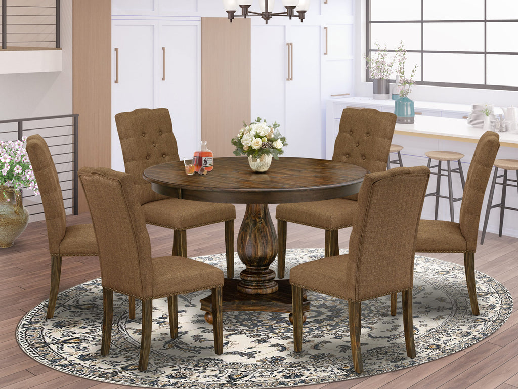 F2EL7-LST 7-Piece Dining Ensemble with Round Table and 6 Parson Chairs, 48 Distressed Jacobean Finish