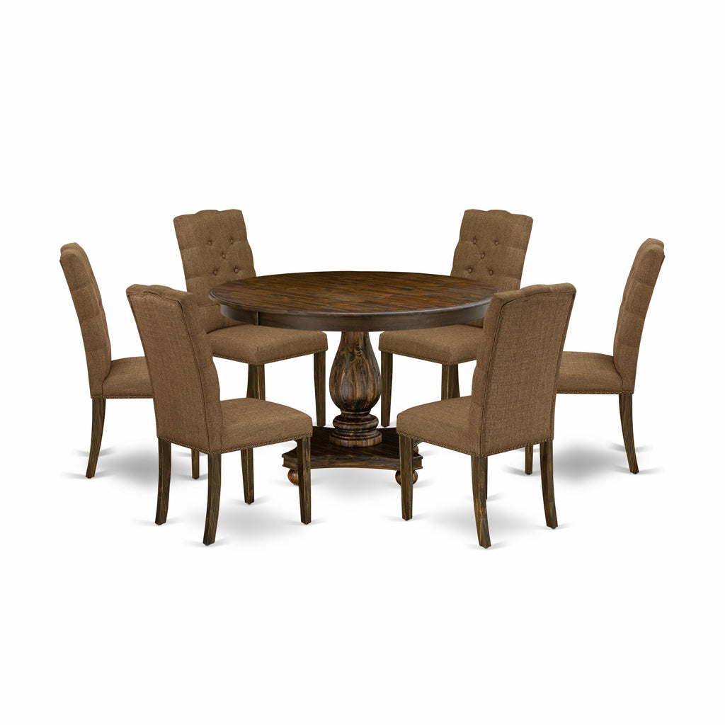 F2EL7-LST 7-Piece Dining Ensemble with Round Table and 6 Parson Chairs, 48 Distressed Jacobean Finish