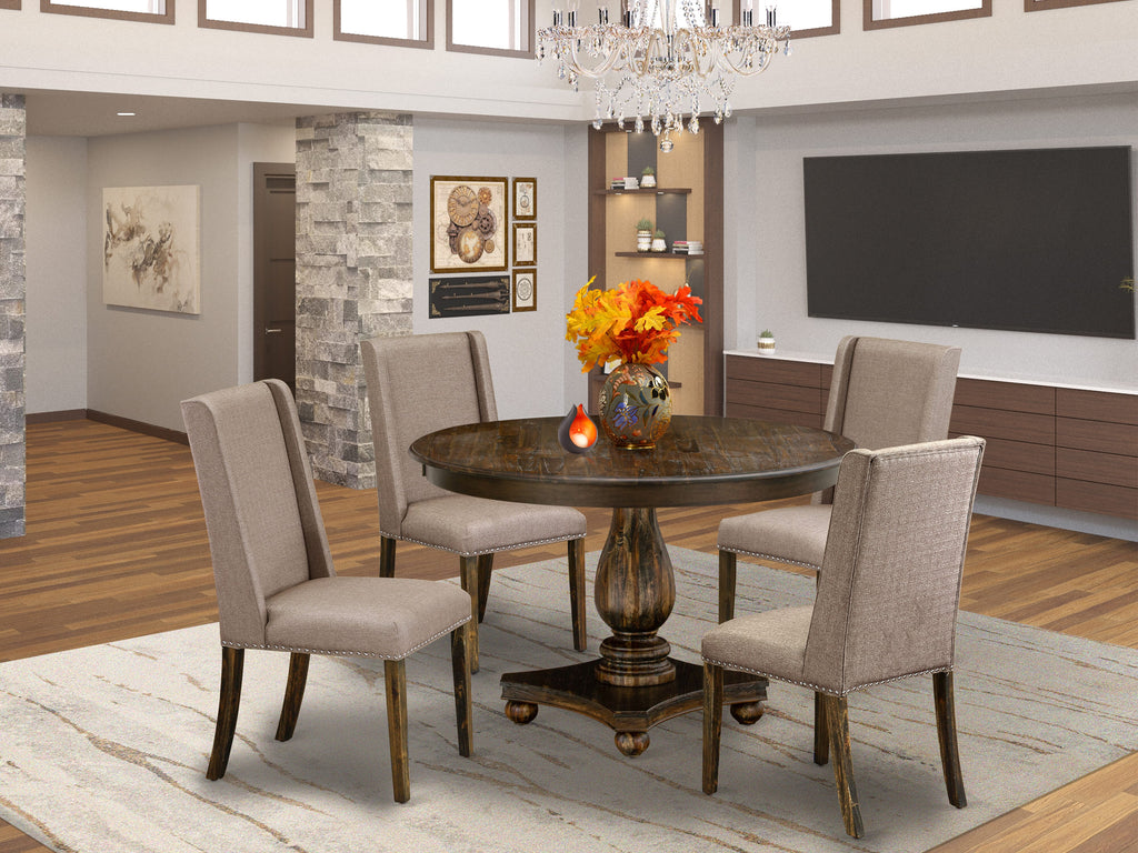 F2FL5-5TH Dining Ensemble 5 Piece Set, includes Round Kitchen Table & 4 Dark Khaki Linen Chairs, Distressed Jacobean Design