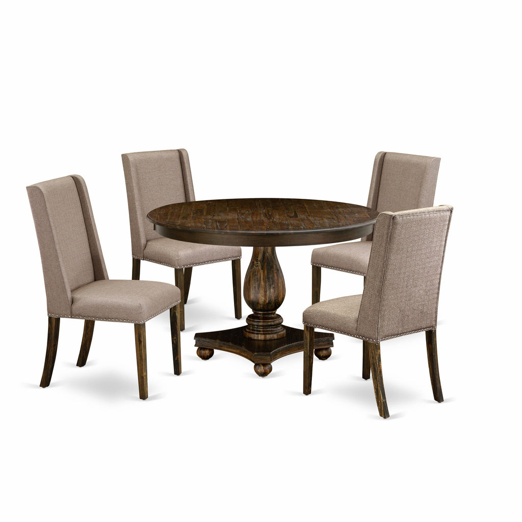 F2FL5-5TH Dining Ensemble 5 Piece Set, includes Round Kitchen Table & 4 Dark Khaki Linen Chairs, Distressed Jacobean Design