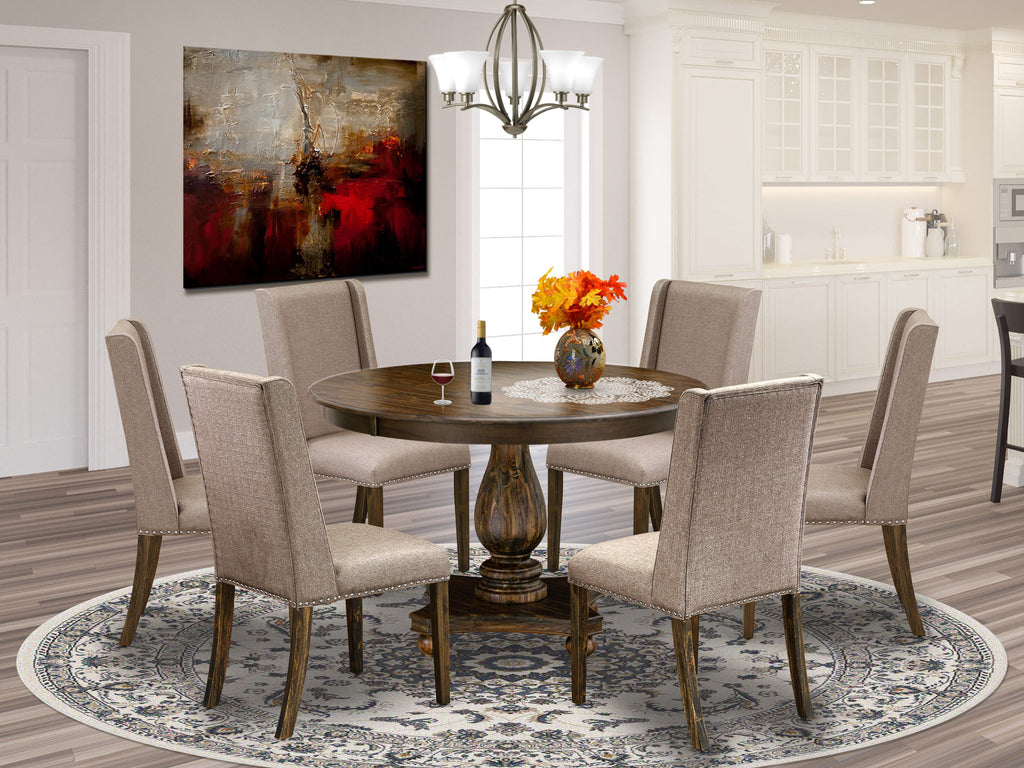 F2FL7 Dining Set Round Table with Pedestal + 6 Khaki Linen Parsons Chairs, 7-Piece, Rustic Jacobean