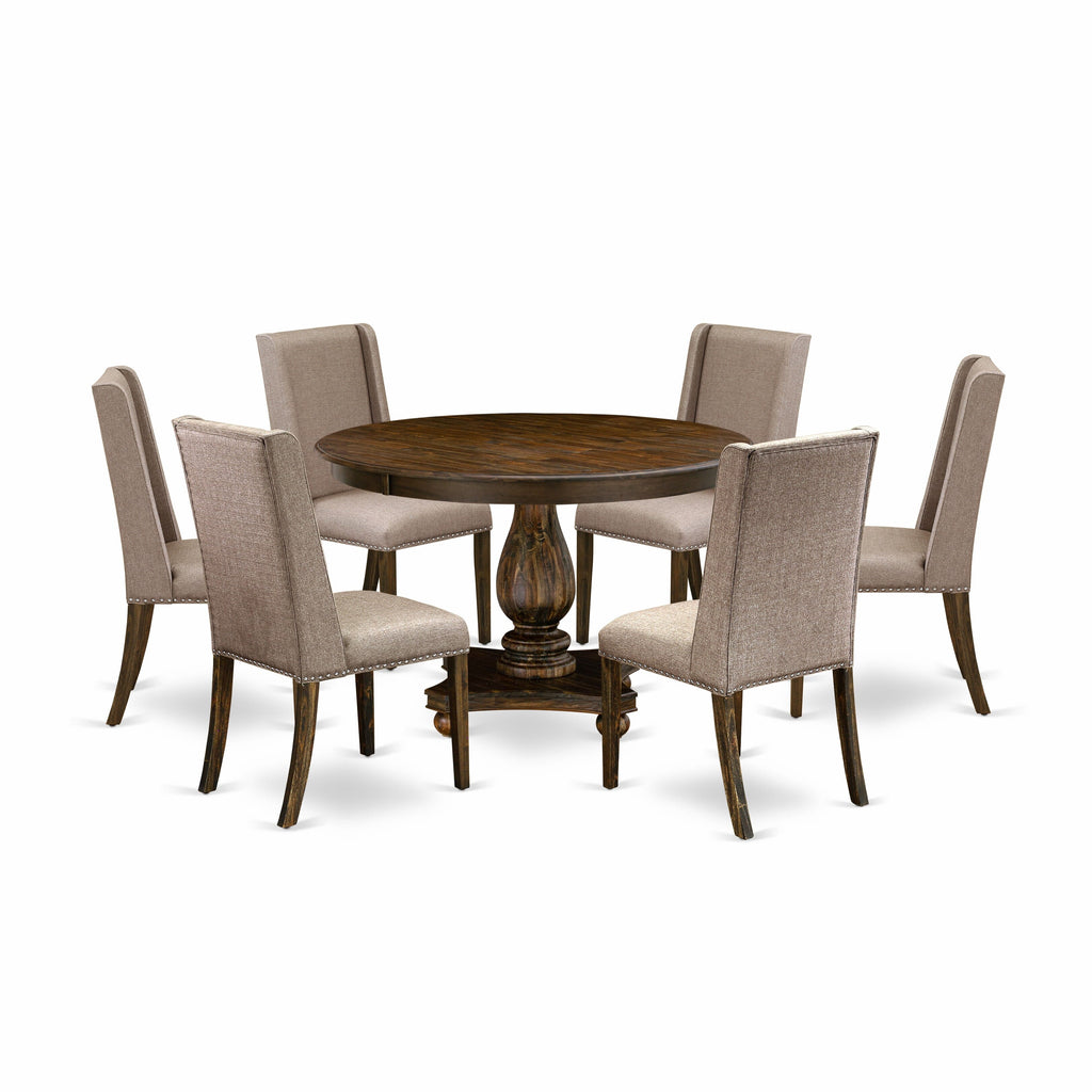 F2FL7 Dining Set Round Table with Pedestal + 6 Khaki Linen Parsons Chairs, 7-Piece, Rustic Jacobean