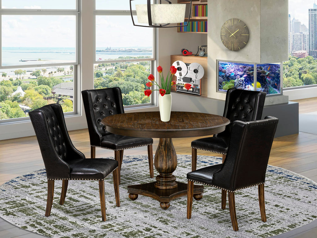 F2FO5-I40 5-Piece Dining Set with Pedestal Round Table & 4 Black Leather Look Chairs in Distressed Jacobean