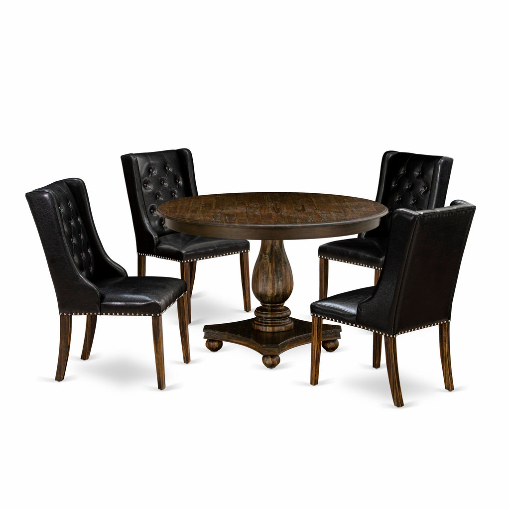 F2FO5-I40 5-Piece Dining Set with Pedestal Round Table & 4 Black Leather Look Chairs in Distressed Jacobean