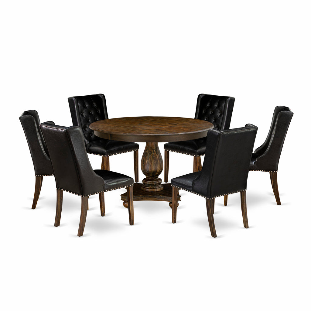 F2FO7-R2S Elegant 7-Piece Dining Ensemble with Round Pedestal Table & 6 Faux Leather Chairs, Distressed Jacobean