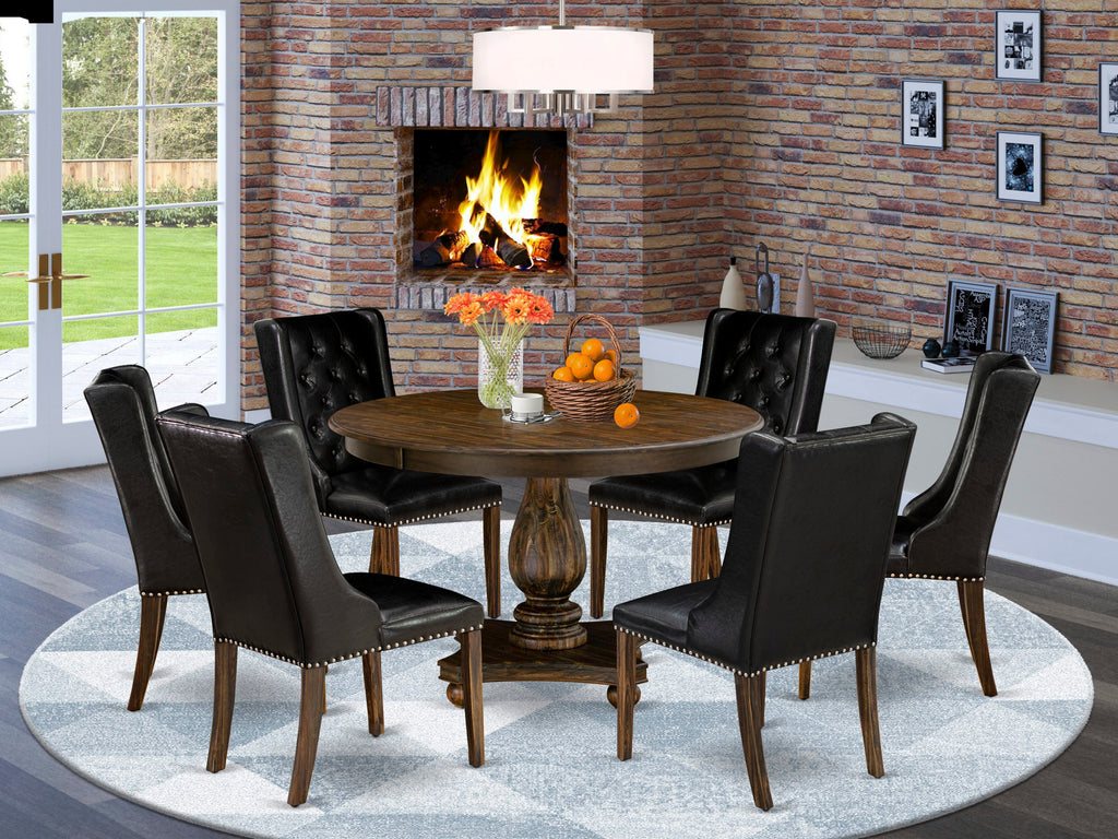 F2FO7-R2S Elegant 7-Piece Dining Ensemble with Round Pedestal Table & 6 Faux Leather Chairs, Distressed Jacobean