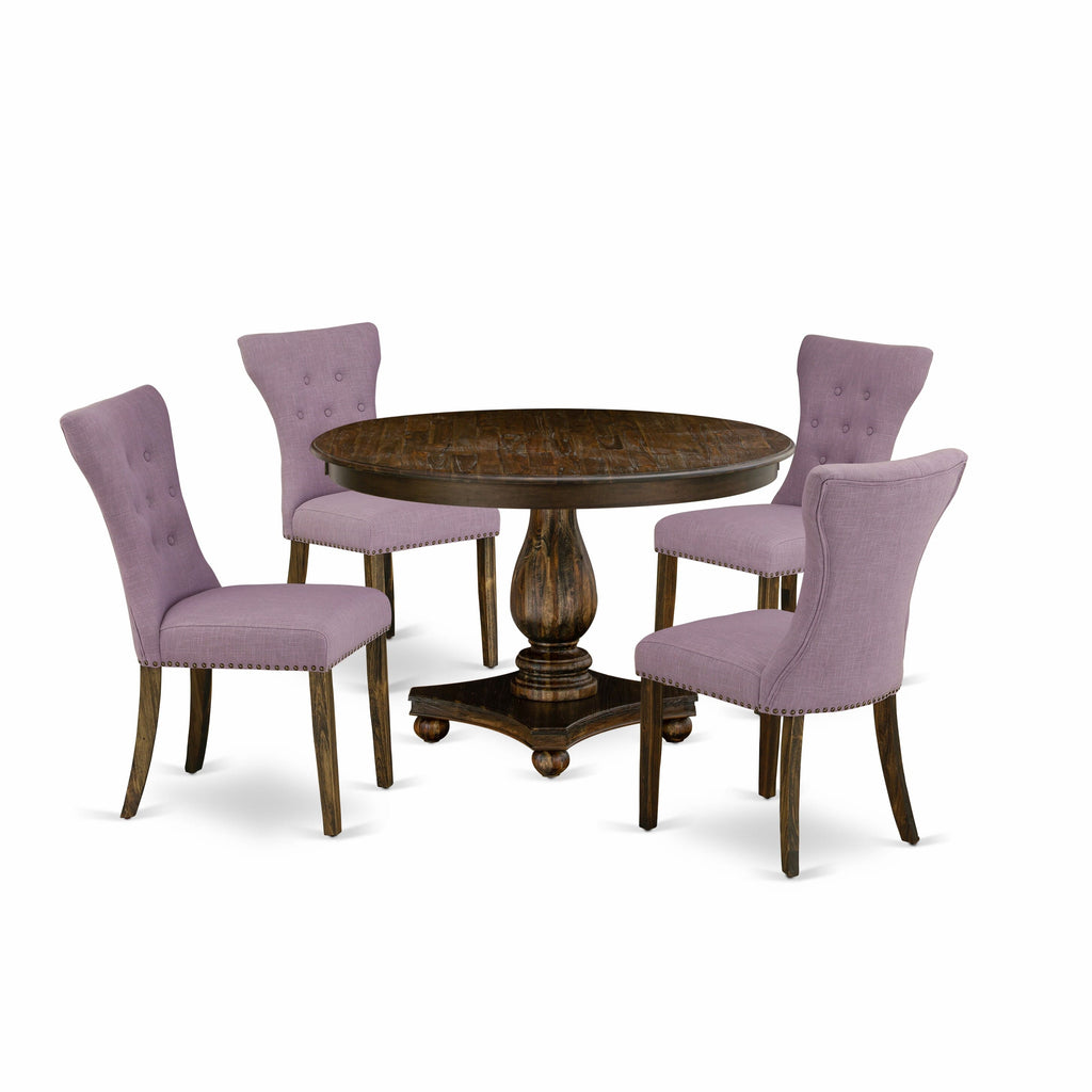 F2GA5-YY5 Elegant 5-Piece Dining Ensemble with Round Table & Linen Chairs 48 Distressed Jacobean