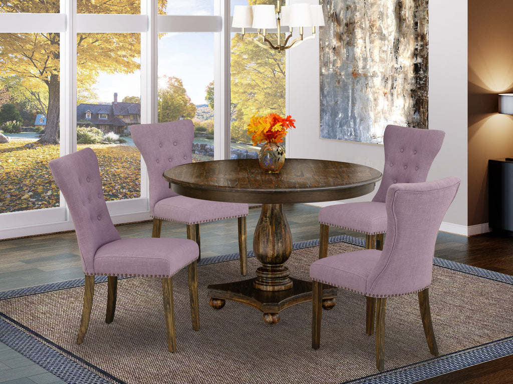F2GA5-YY5 Elegant 5-Piece Dining Ensemble with Round Table & Linen Chairs 48 Distressed Jacobean