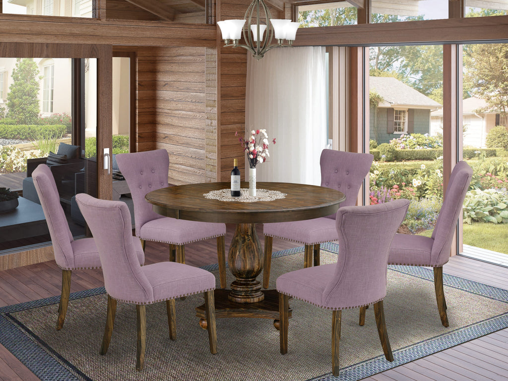 Enchanting Dining Ensemble F2GA7-65Y 7-Piece Round Table with Pedestal & 6 Upholstered Chairs, 48x48, Aged Jacobean