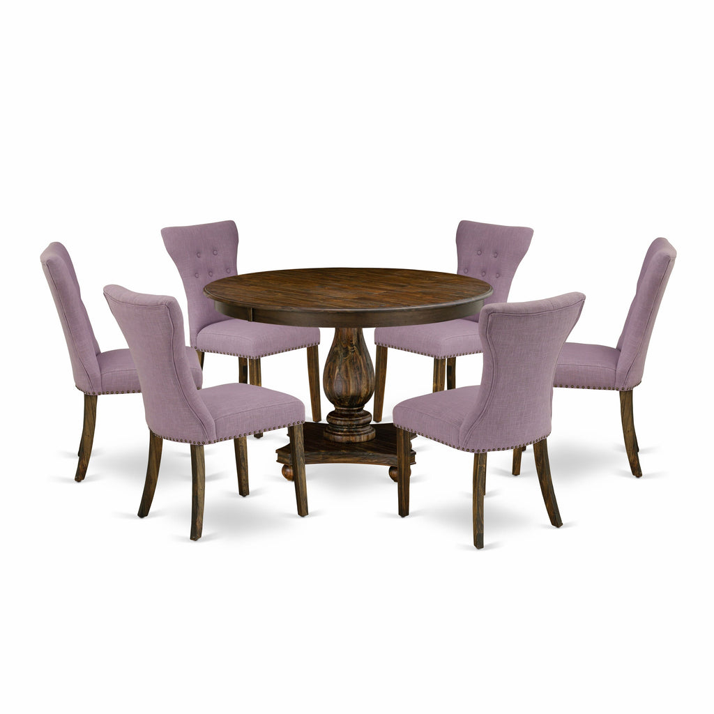 Enchanting Dining Ensemble F2GA7-65Y 7-Piece Round Table with Pedestal & 6 Upholstered Chairs, 48x48, Aged Jacobean