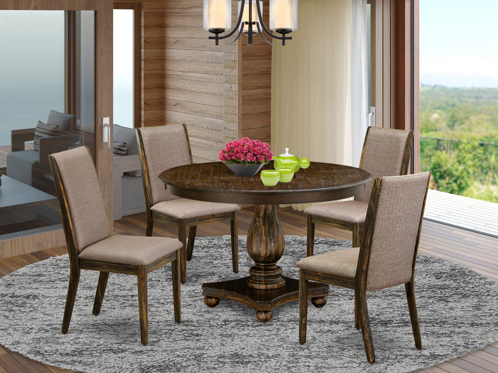 Elegant 5-Piece Dining Set F2LA5-QFY, Round Table & Chairs, Distressed Finish, Fabric Seats