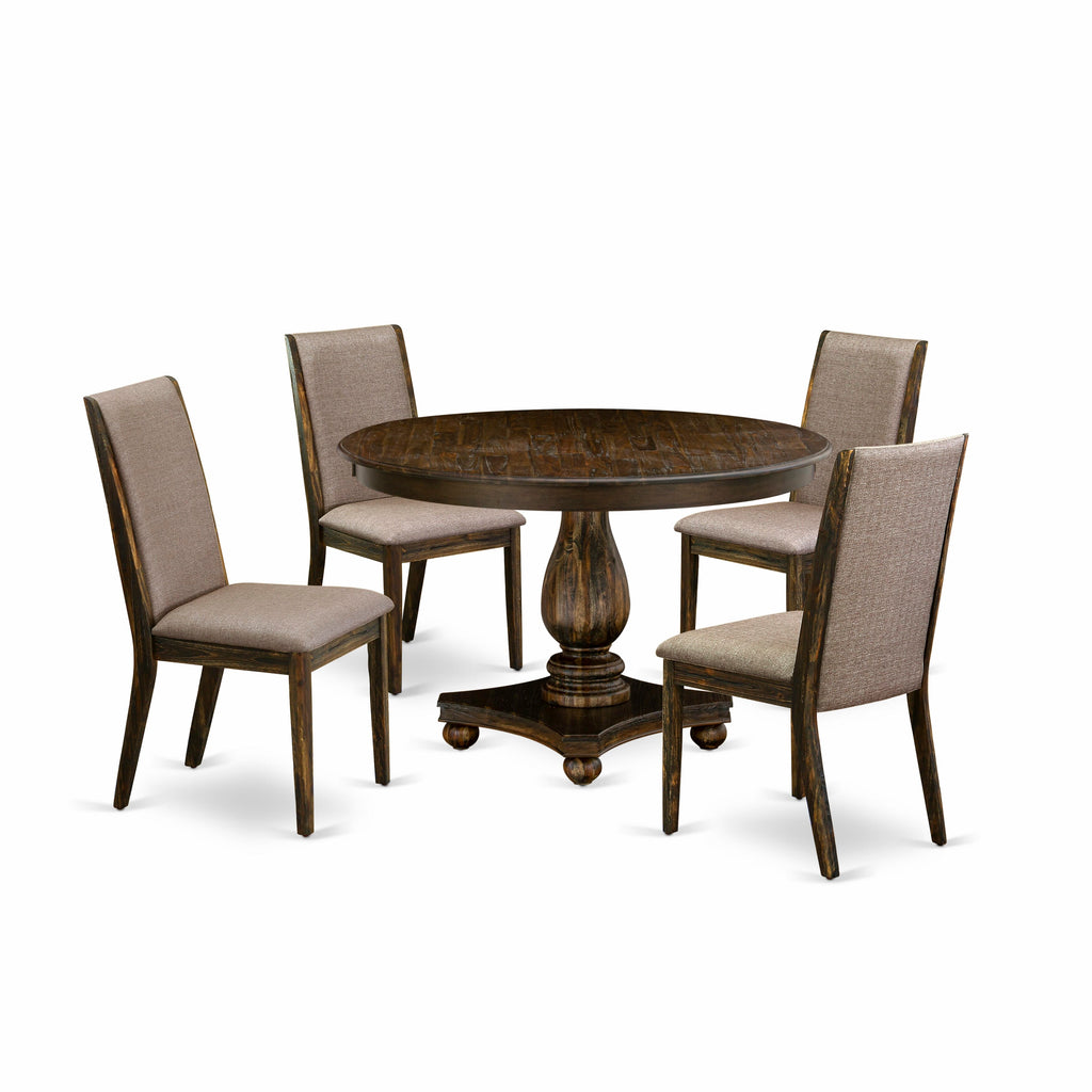 Elegant 5-Piece Dining Set F2LA5-QFY, Round Table & Chairs, Distressed Finish, Fabric Seats