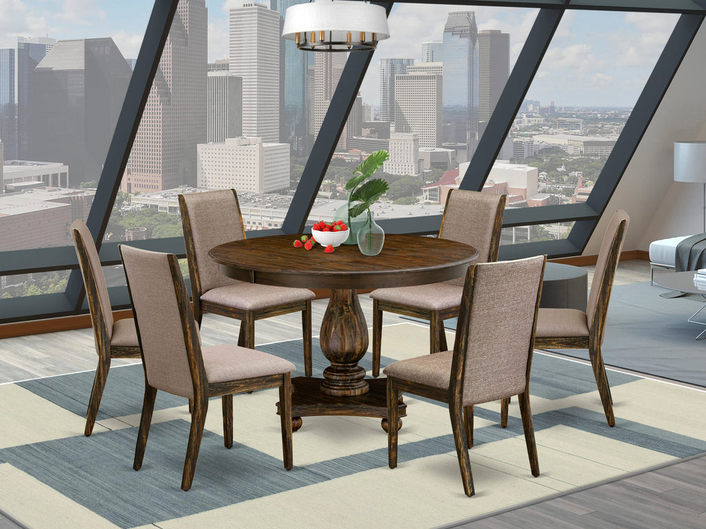 F2LA7-RYA Stylish 7 Piece Dining Ensemble Featuring Round Table with Pedestal & 6 Dark Khaki Chairs