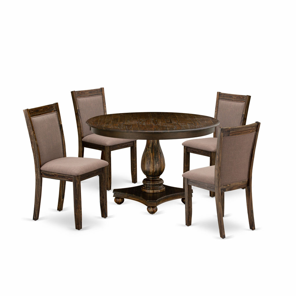 F2MZ5-SDU 5-Piece Dining Set Round Pedestal Table with 4 Upholstered Chairs in Coffee Linen, Distressed Wood Finish