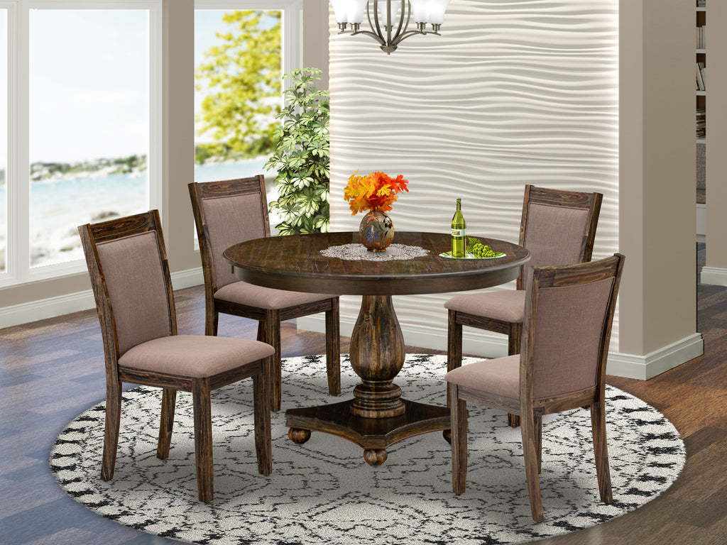 F2MZ5-SDU 5-Piece Dining Set Round Pedestal Table with 4 Upholstered Chairs in Coffee Linen, Distressed Wood Finish